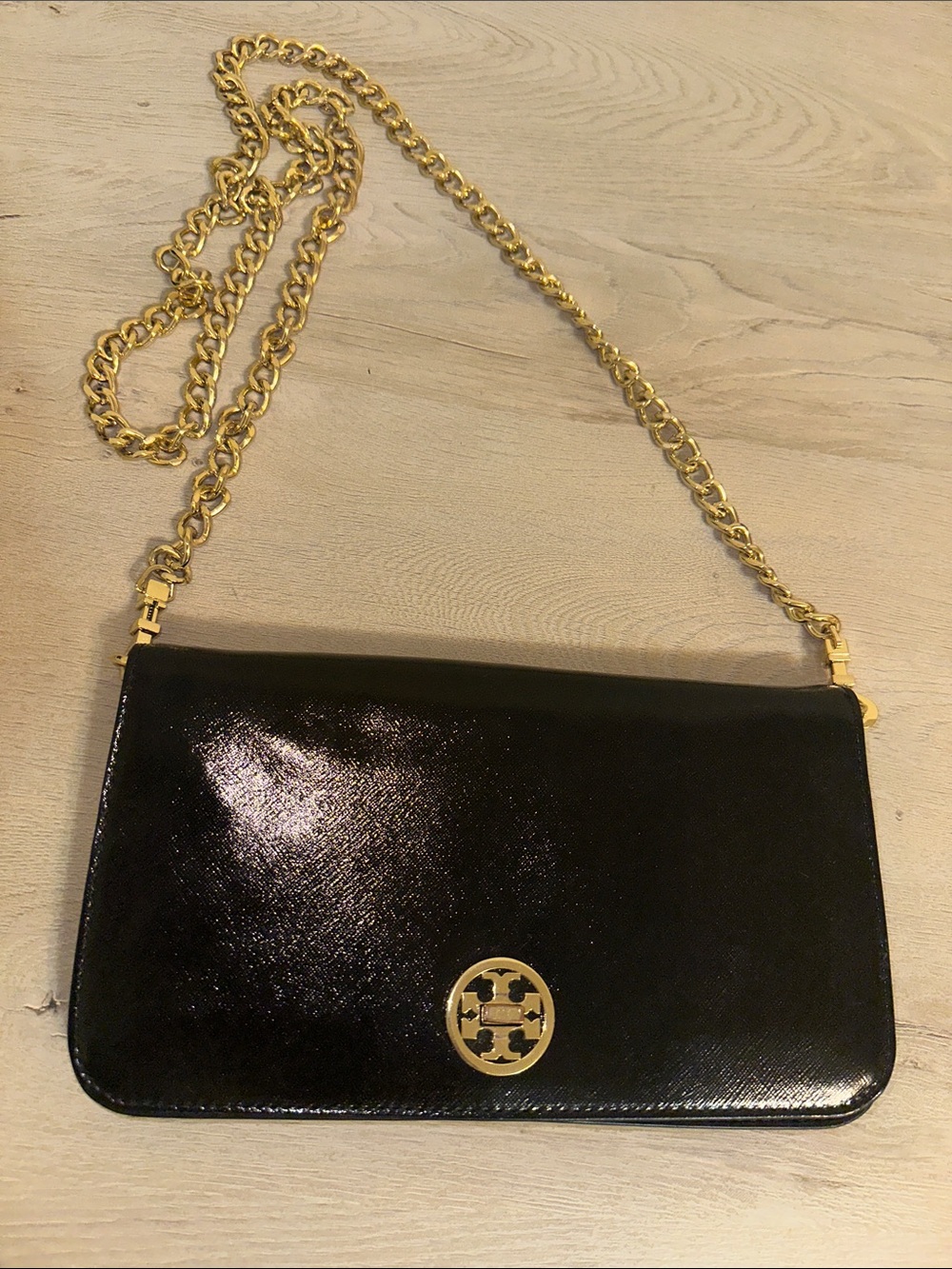 Tory Burch Black Patent Saffiano Leather Adalyn Clutch